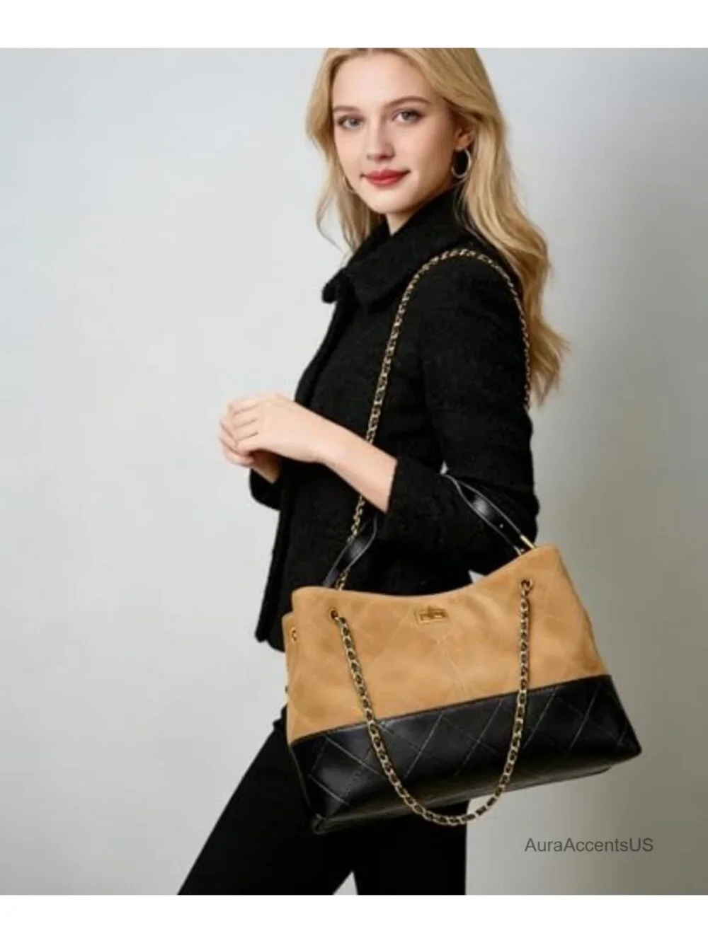 Soft Genuine Leather Lambskin Suede Quilted Bag, Carryall Top Handle Gold Chain